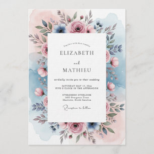 Convite Casamento Botânico Rosa Azul Empoeirado