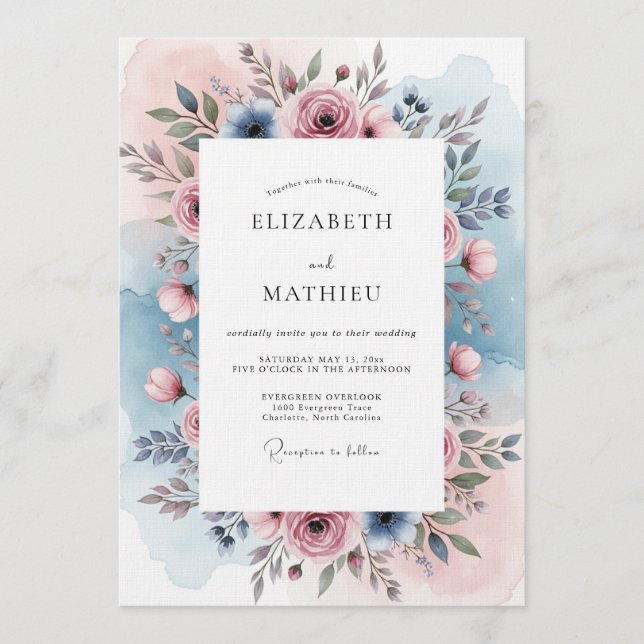 Convite Casamento Botânico Rosa Azul Empoeirado (Frente)