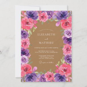 Convite Casamento Botânico Rosa Bege Roxo