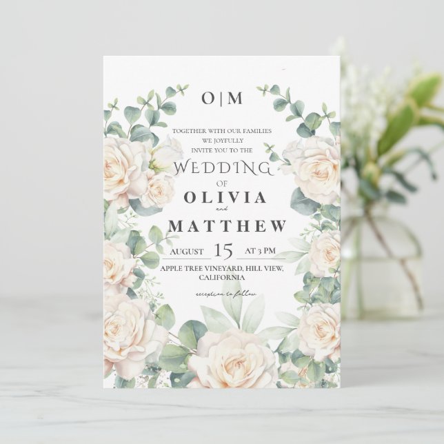 Convite Casamento Botânico Rosa Branca (Em pé/Frente)
