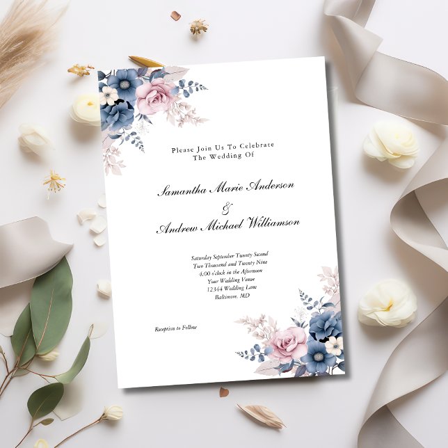 Convite Casamento Botânico Rosa-Cor-de-Rosa-Blush (Dusty Blue Pink Blush Floral Watercolor Elegant Formal Modern Wedding Invitation)