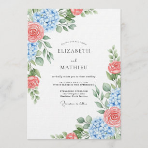 Convite Casamento Botânico Rosa Coral Azul