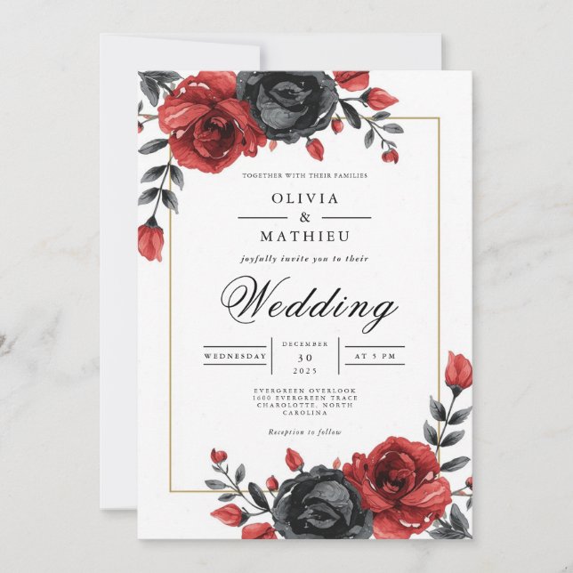 Convite Casamento Botânico Rosa Crimson Profundo (Frente)