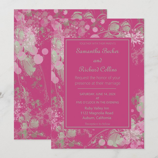 Convite Casamento Botânico Rosa e Verde em Aquarela (Frente/Verso)