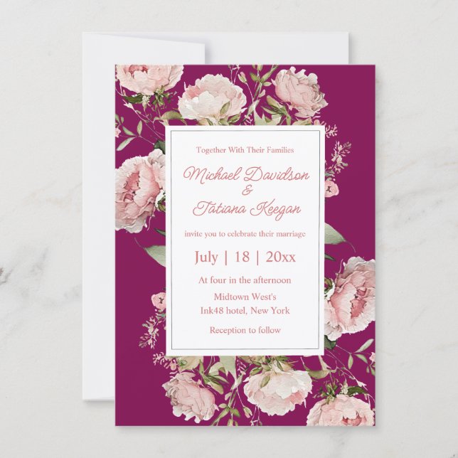 Convite Casamento Botânico Rosa Magenta Romântico (Frente)