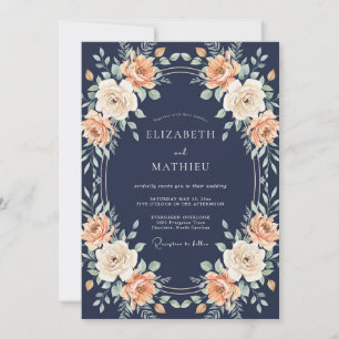 Convite Casamento Botânico Rosa Peachy Marinho