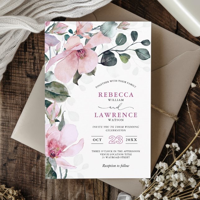 Convite Casamento botânico rosa-rosa de-chic romântico (Criador carregado)