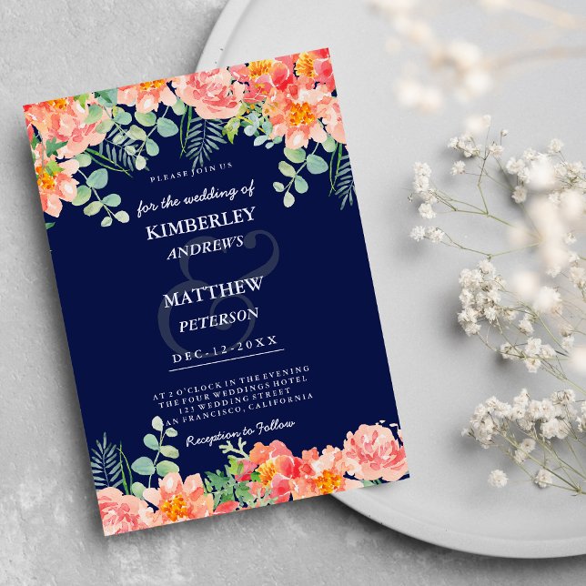 Convite Casamento botânico rosa-rosa-marinho-d'água (Watercolor navy blue coral pink botanical Wedding )