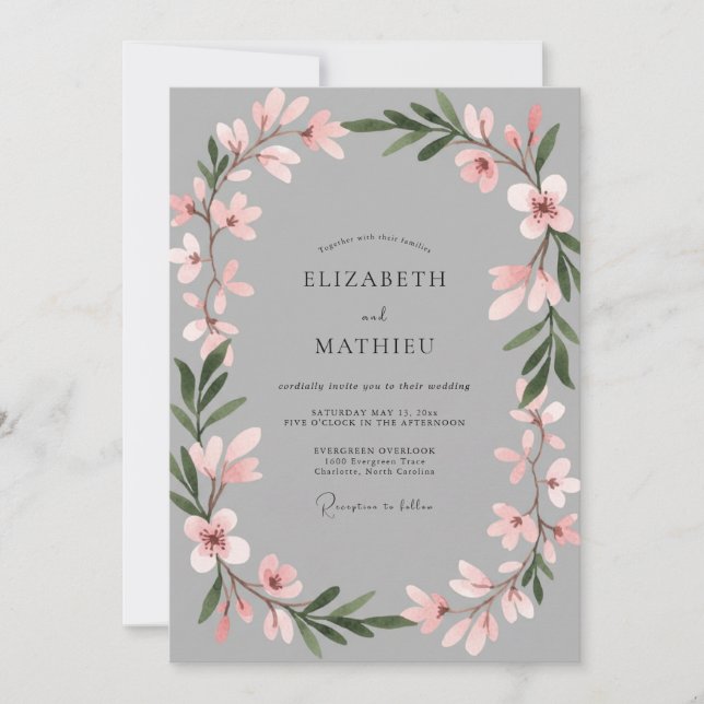 Convite Casamento Botânico Rosa Suave Cinza (Frente)