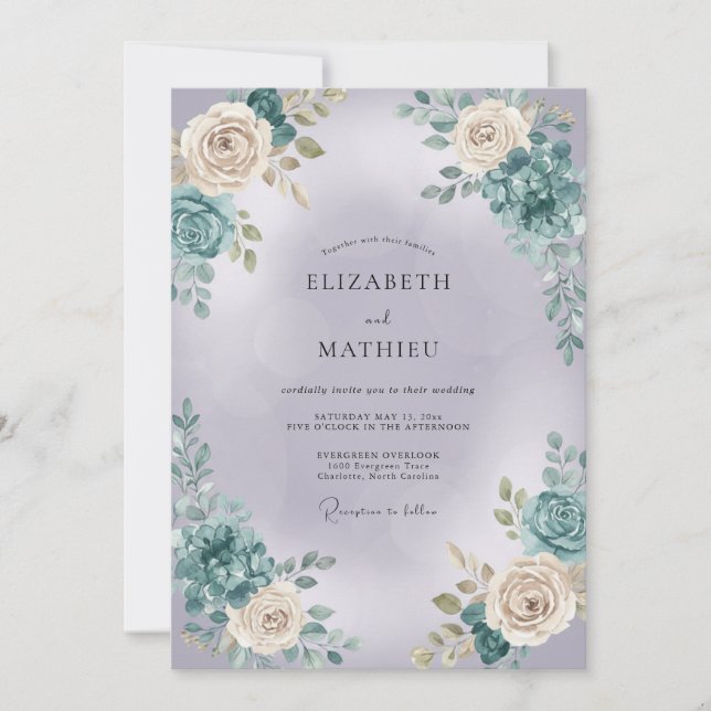Convite Casamento Botânico Rosa Teal (Frente)