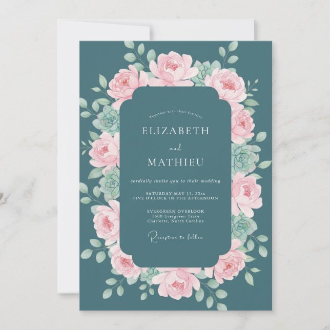 Convite Casamento Botânico Rosa Teal Profundo (Frente)