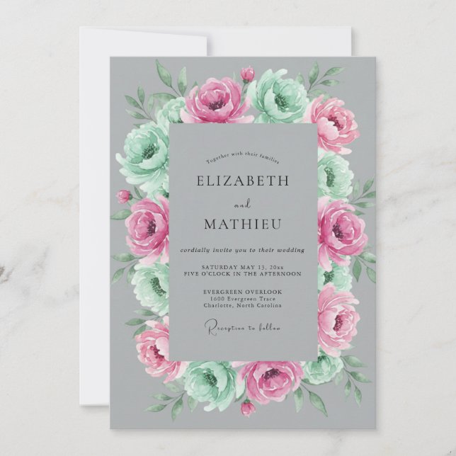 Convite Casamento Botânico Rosa Verde-Menta Cinza (Frente)