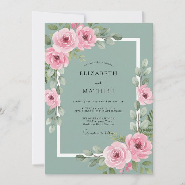 Convite Casamento Botânico Rosa Verde Salvia Polida (Frente)