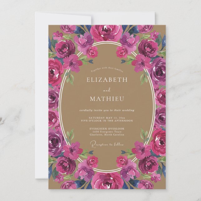 Convite Casamento Botânico Roxo Magenta (Frente)
