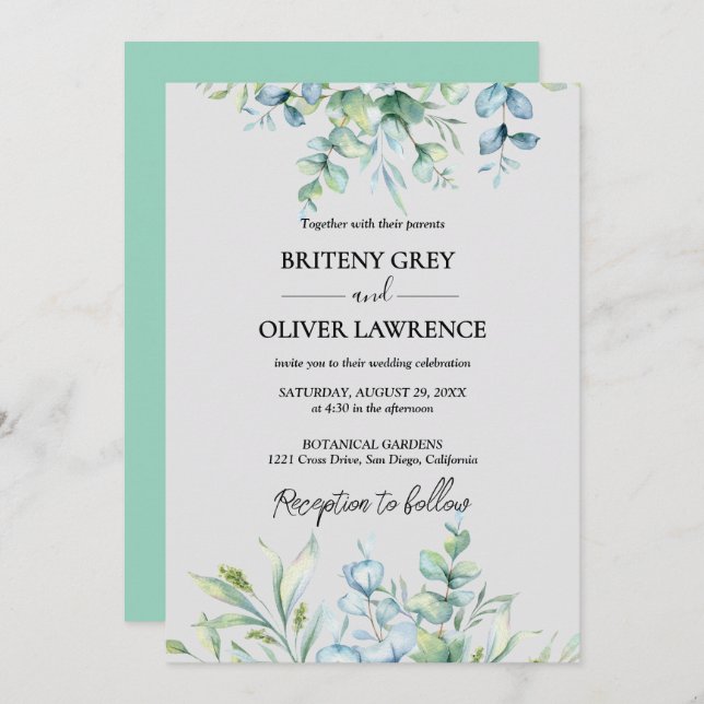 Convite Casamento Botânico Rustic Eucalyptus Greenery (Frente/Verso)