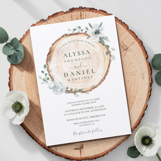 Convite Casamento botânico Rustic Foliage Watercolor (Rustic wedding woodland foliage,  wood cut slice with greenery botanical eucalyptus and flowers )