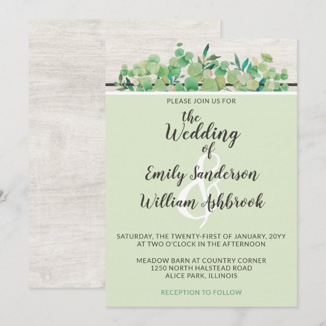 Convite Casamento Botânico Rustic Wood & Eucalyptus Leaf (Frente/Verso)