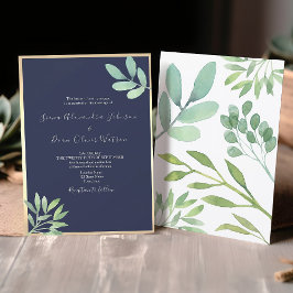Convite Casamento Botânico Rústico Azul Marinho