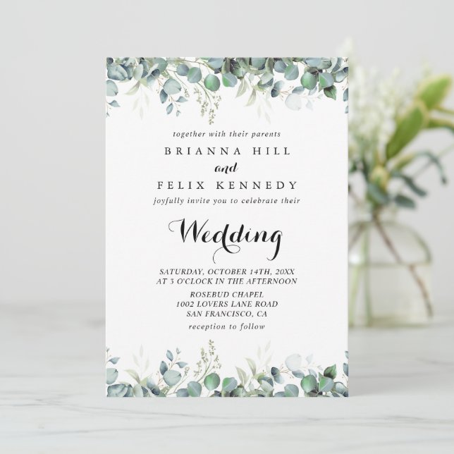 Convite Casamento Botânico Rústico com Eucalipto Verde (Em pé/Frente)