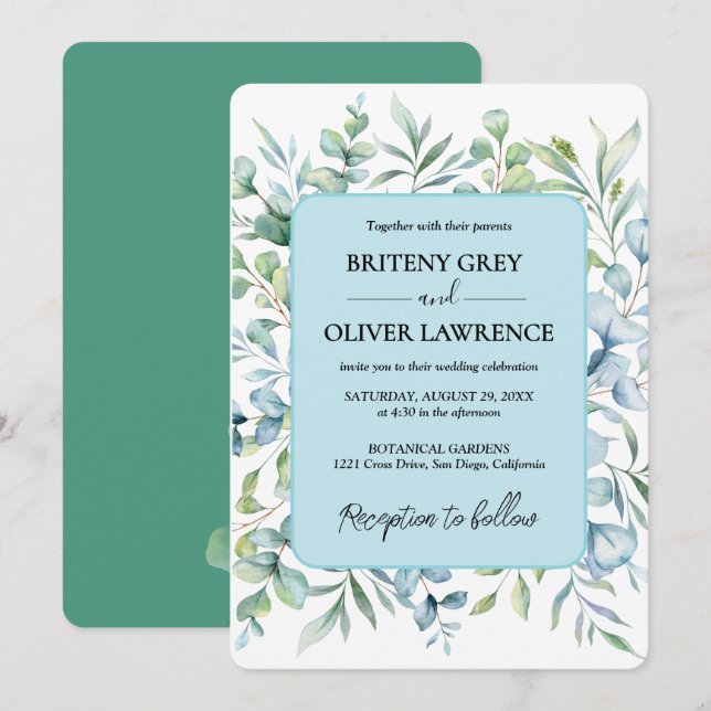 Convite Casamento Botânico Rústico com Eucalipto Verde (Frente/Verso)