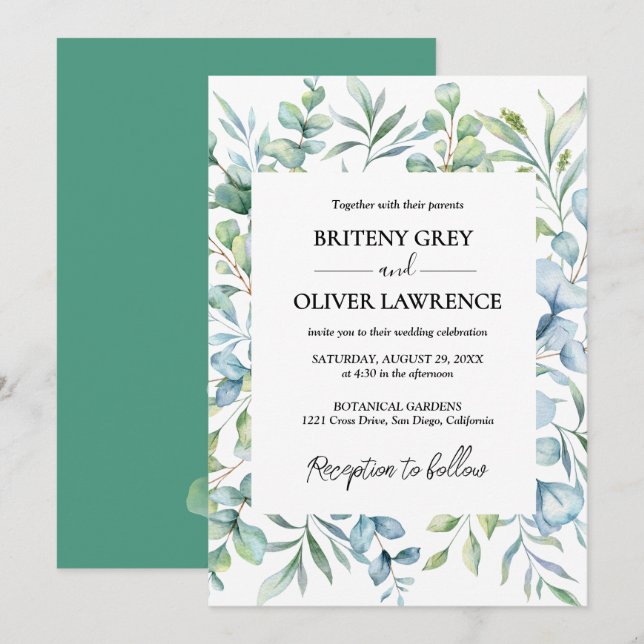 Convite Casamento Botânico Rústico de Eucalipto Verde (Frente/Verso)