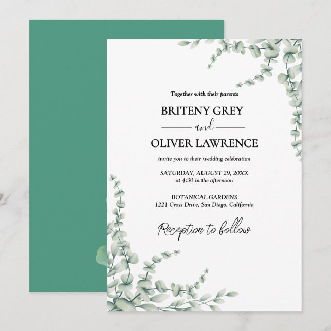 Convite Casamento Botânico Rústico de Eucalipto Verde (Frente/Verso)
