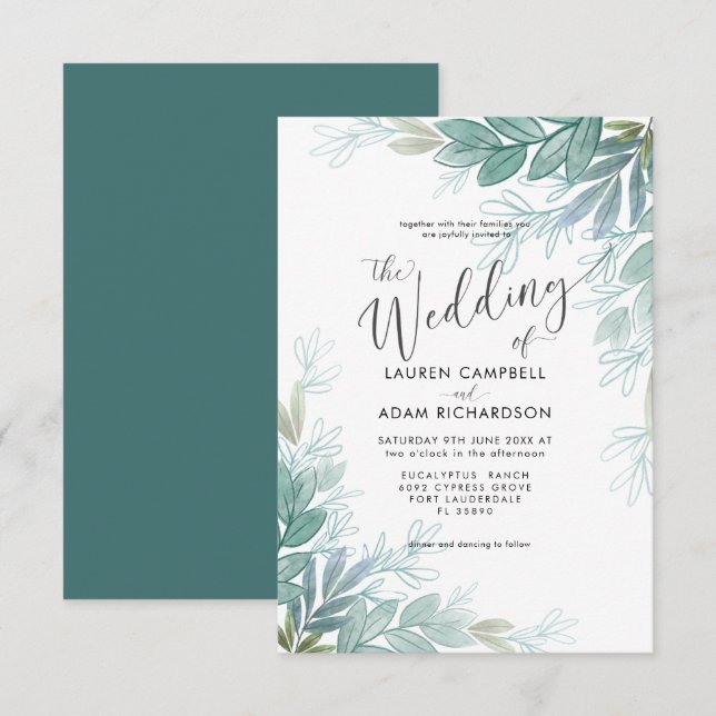 Convite Casamento Botânico Rústico em Verde Salvia e Azul  (Frente/Verso)