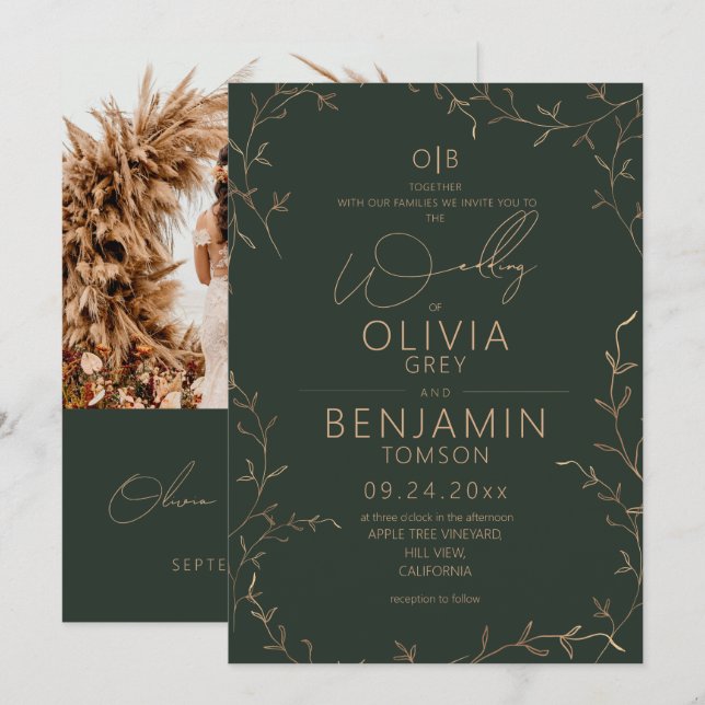 Convite Casamento Botânico Rústico Minimalista Dourado Ver (Frente/Verso)