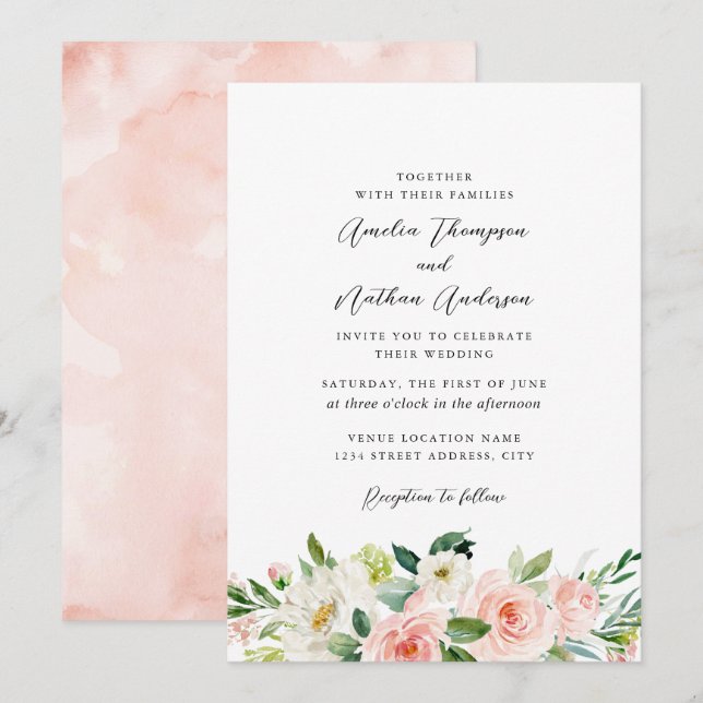 Convite Casamento Botânico Rústico Rosa Vergonha (Frente/Verso)
