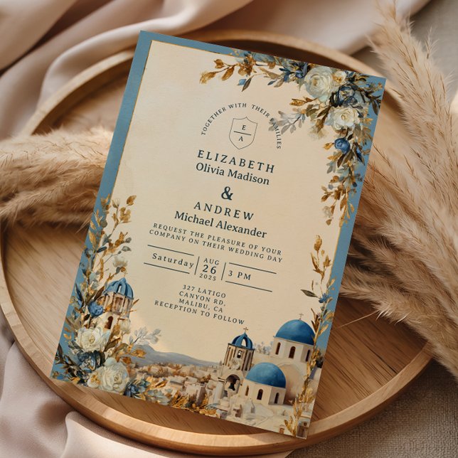 Convite Casamento Botânico Santorini Blue Dome (Criador carregado)