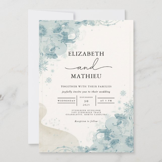 Convite Casamento Botânico Serene Blue Winter (Frente)