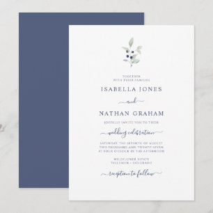 Convite Casamento Botânico Simples Chic Água-Marinha Naval