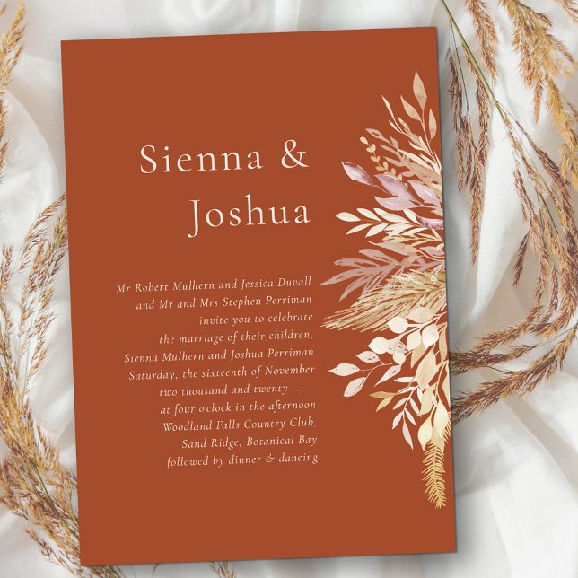 Convite Casamento Botânico Simples de Terracotta Cream (Terracotta wedding invitation with fall foliage and elegant combo of modern and formal wording)