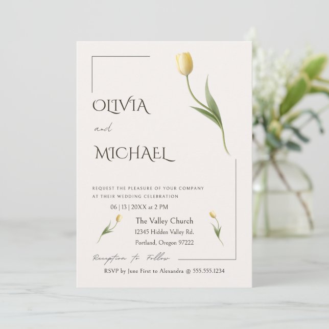 Convite Casamento Botânico Simples de Tulipa Elegante (Em pé/Frente)