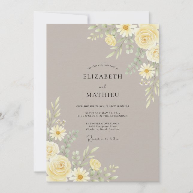 Convite Casamento Botânico Sóbrio em Taupe (Frente)