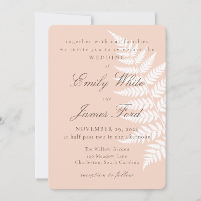 Convite Casamento Botânico Soft Peach White Fern 5x7 (Frente)