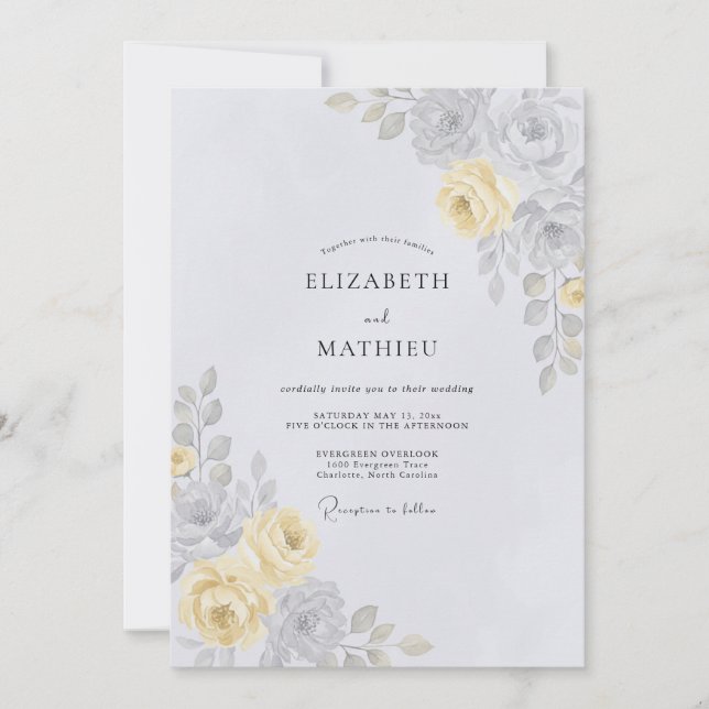Convite Casamento Botânico Suave Amarelo Pálido (Frente)
