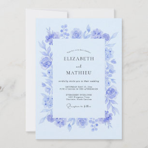 Convite Casamento Botânico Suave de Tons de Periwinkle