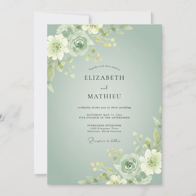 Convite Casamento Botânico Suave em Verde Sálvia (Frente)