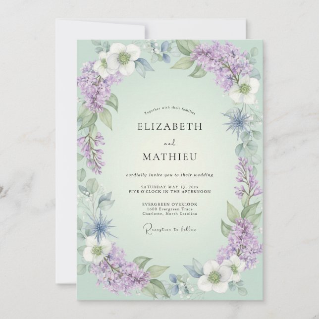 Convite Casamento Botânico Suave Lilás (Frente)