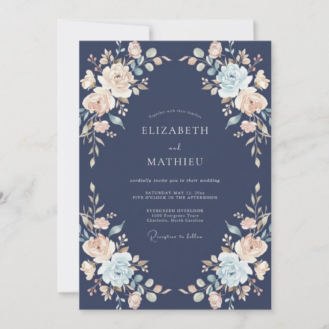 Convite Casamento Botânico Suntuoso Azul Naval (Frente)