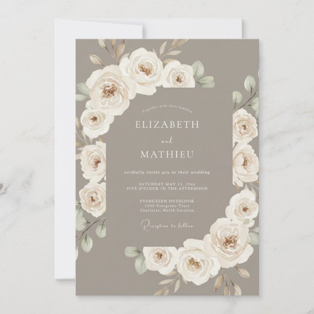 Convite Casamento Botânico Taupe Elegante (Frente)