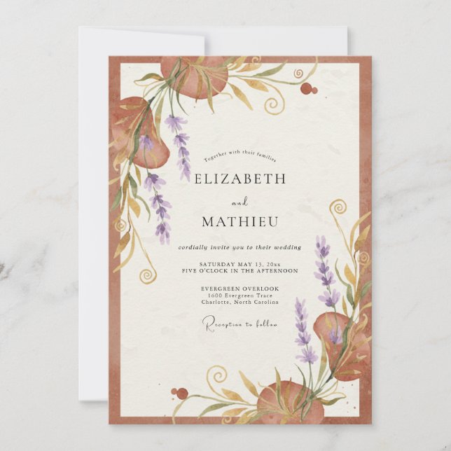 Convite Casamento Botânico Terracota Mauve (Frente)