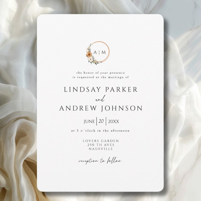 Convite Casamento Botânico Terroso de Cobre com Monograma  (Elegant Monogram Copper Earthy Botanical Wedding Invitation)