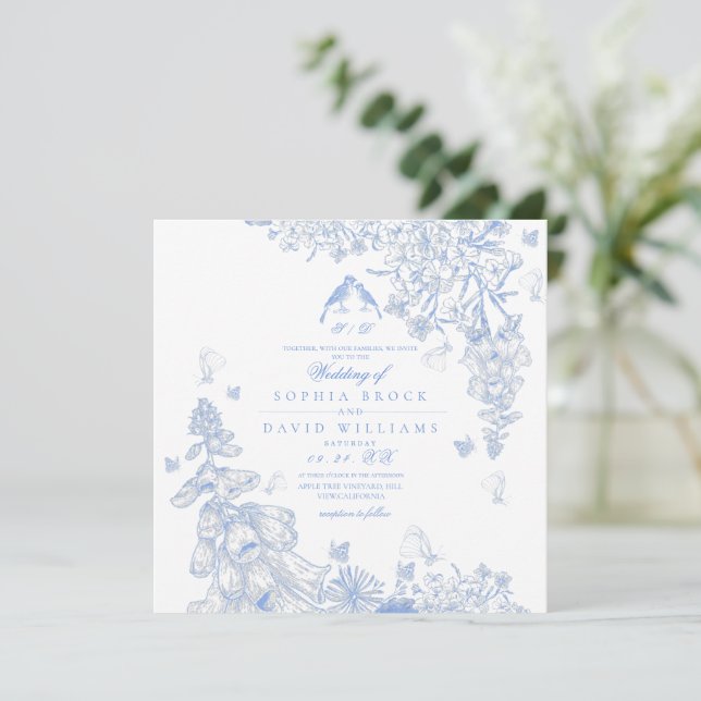 Convite Casamento Botânico Toile Azul Branco  (Em pé/Frente)