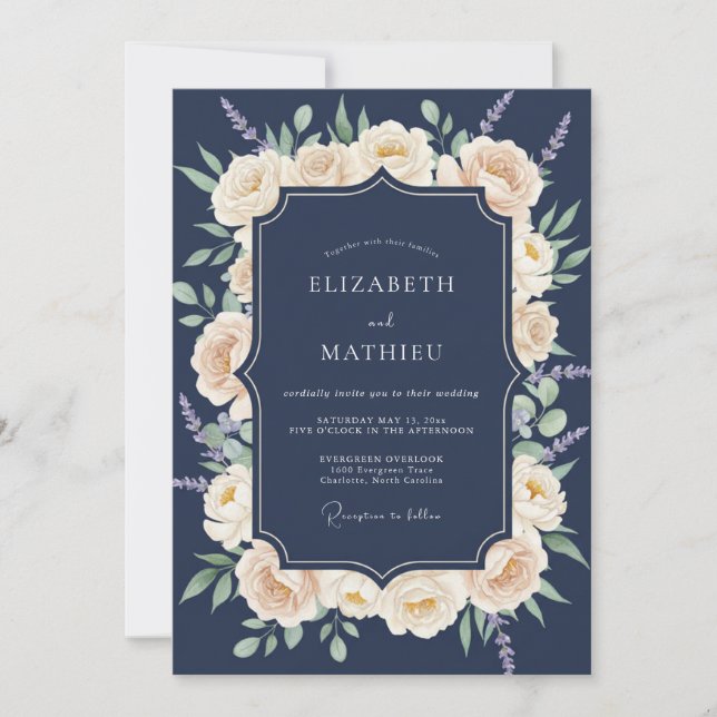 Convite Casamento Botânico Tradicional Azul-Marinho (Frente)