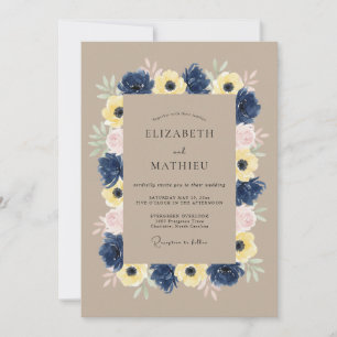 Convite Casamento Botânico Tranquilo Azul Marinho