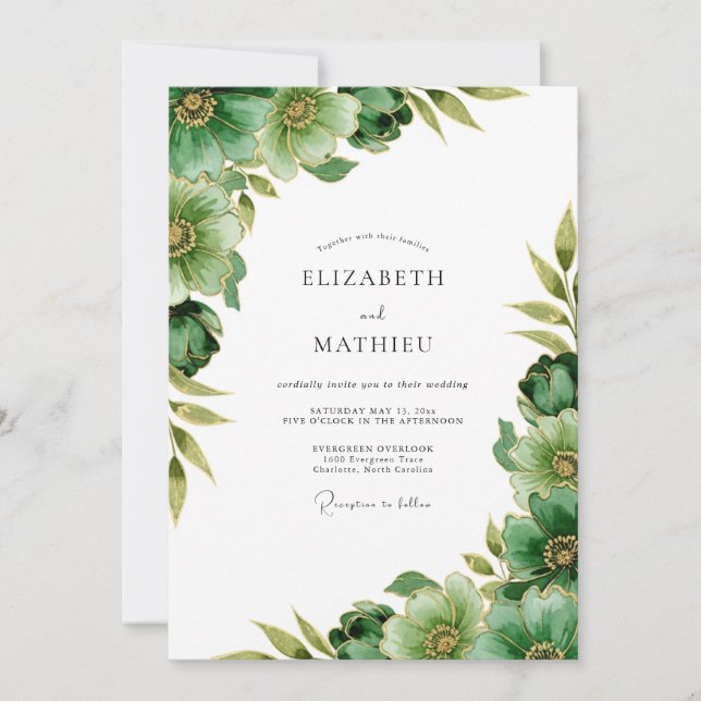Convite Casamento Botânico Tranquilo Verde Esmeralda (Frente)