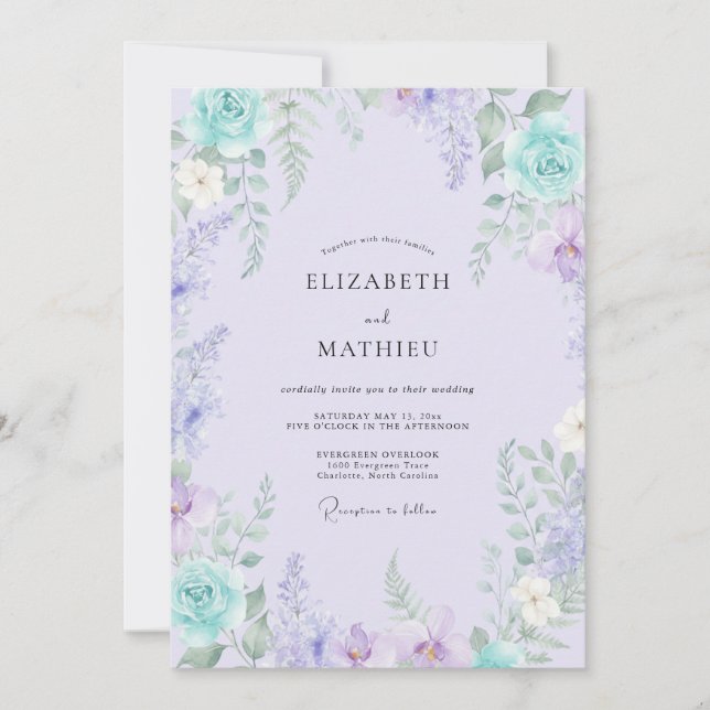 Convite Casamento Botânico Turquesa Lavanda (Frente)