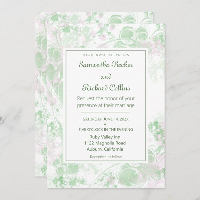 Convite Casamento Botânico Verde e Cor de Água Rosa (Frente/Verso)